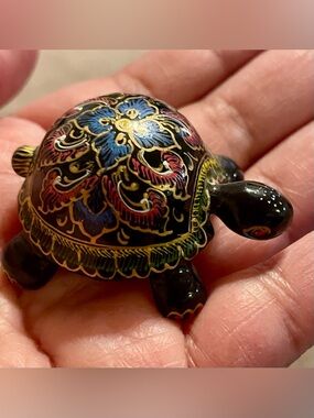 Hand-Painted Black Turtle Brooch with Multicolor Floral Accents